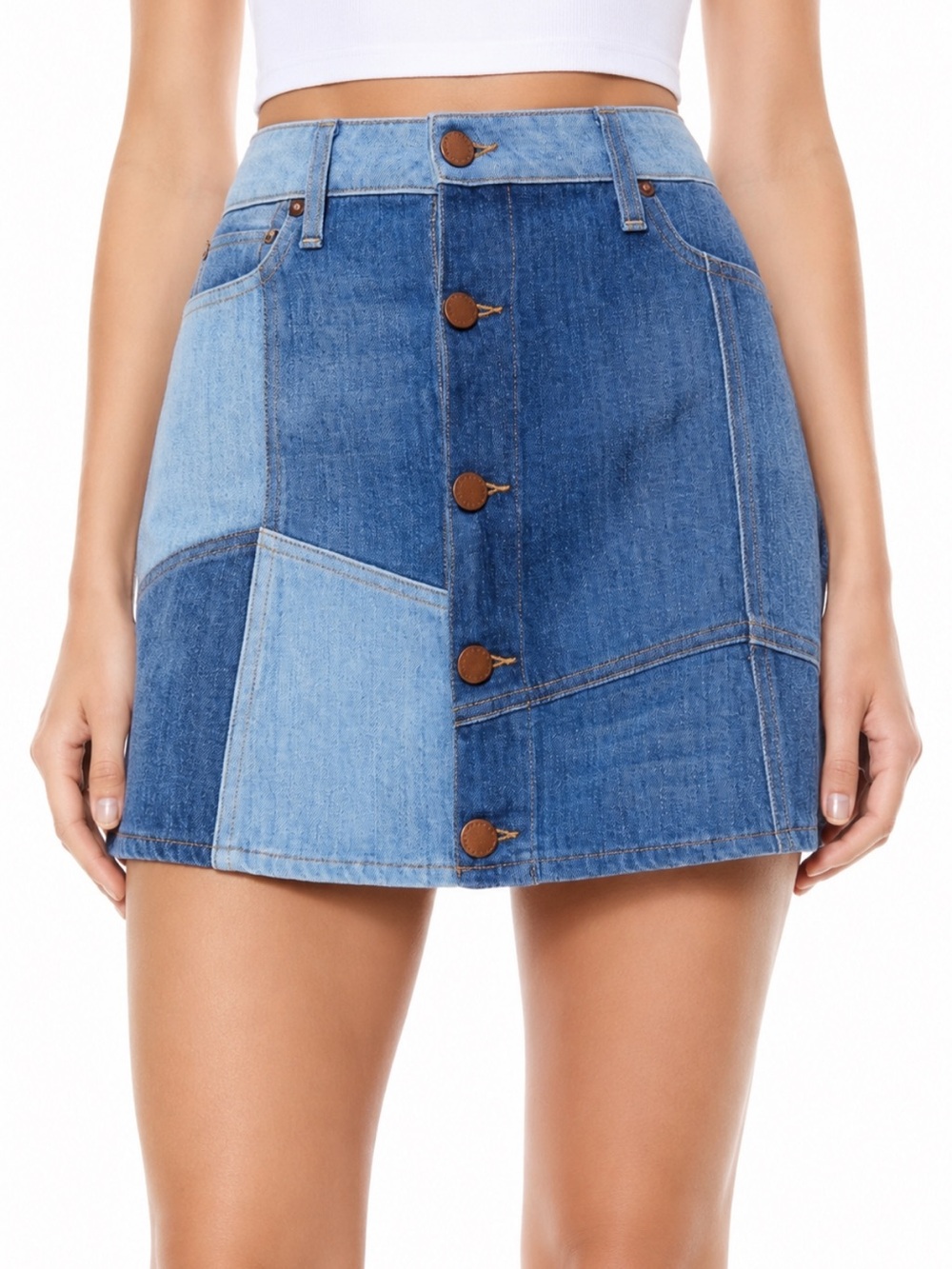 Alice + Olivia Jeans Good High Rise Happy Go Lucky Patchwork Denim Skirt Size 29